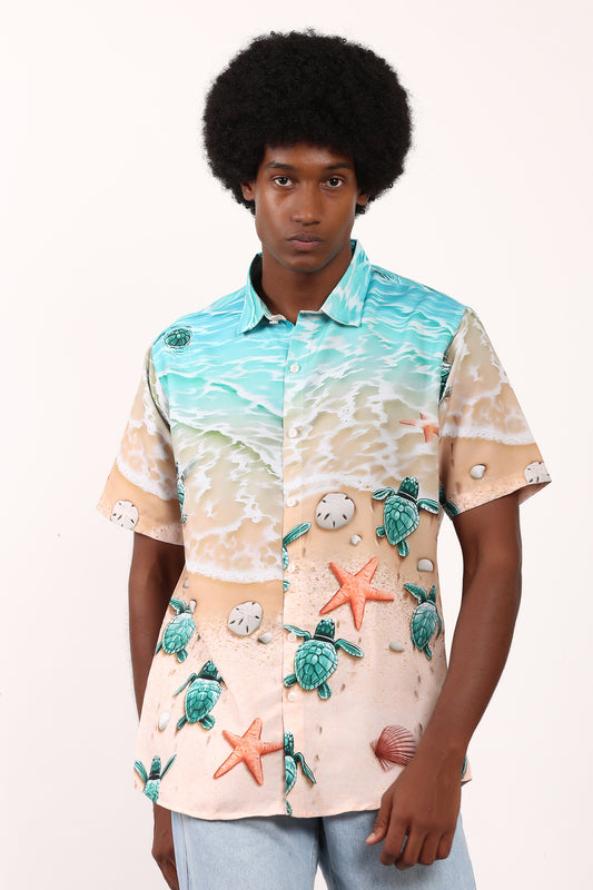 Camisa Hawaiana Playera Caribeña de Caballero Estampado Orilla de Playa Tortugas y Estrella Marina