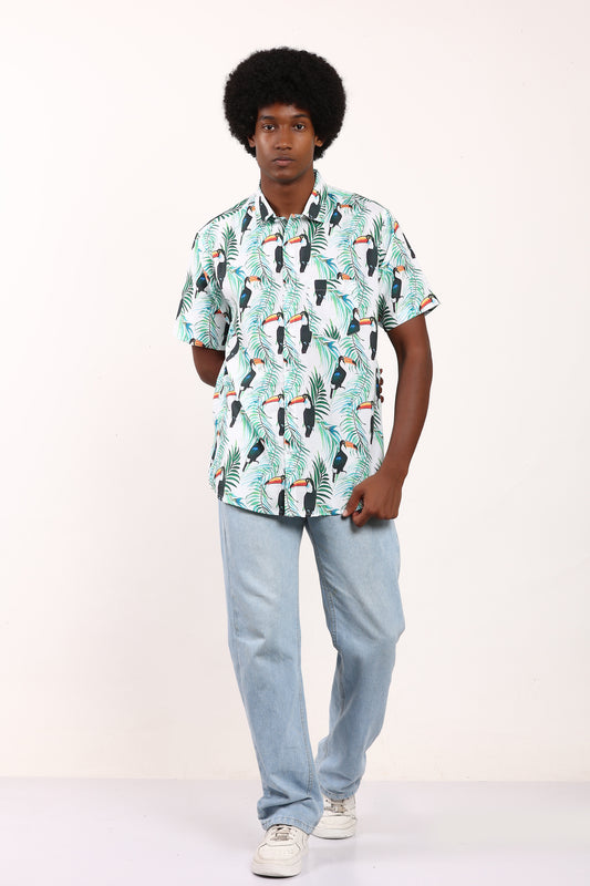 Camisa Hawaiana Playera Caribeña de Caballero Estampado Tucanes Pequenos