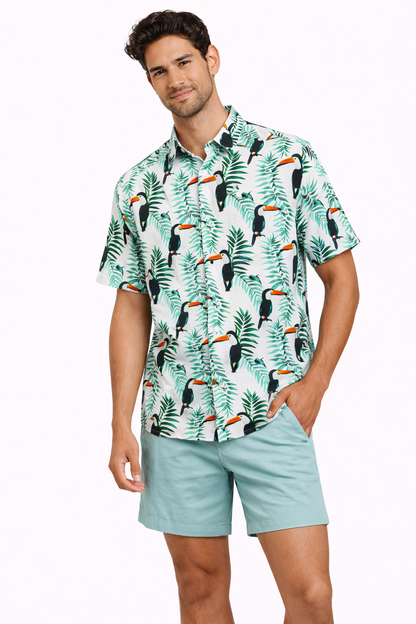 Camisa Hawaiana Playera Caribeña de Caballero Estampado Tucanes Pequeños