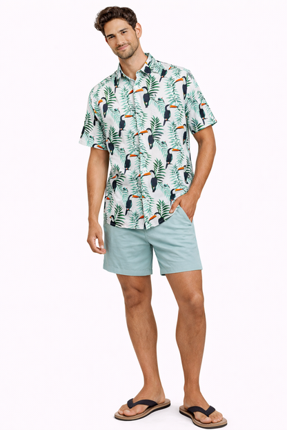 Camisa Hawaiana Playera Caribeña de Caballero Estampado Tucanes Pequeños