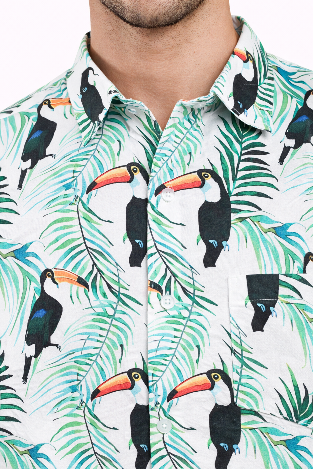 Camisa Hawaiana Playera Caribeña de Caballero Estampado Tucanes Pequeños