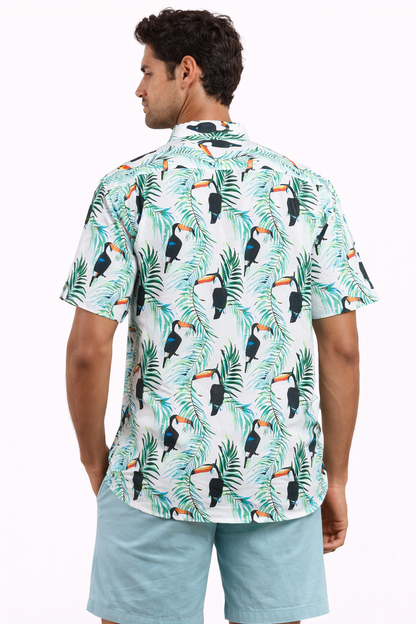 Camisa Hawaiana Playera Caribeña de Caballero Estampado Tucanes Pequeños