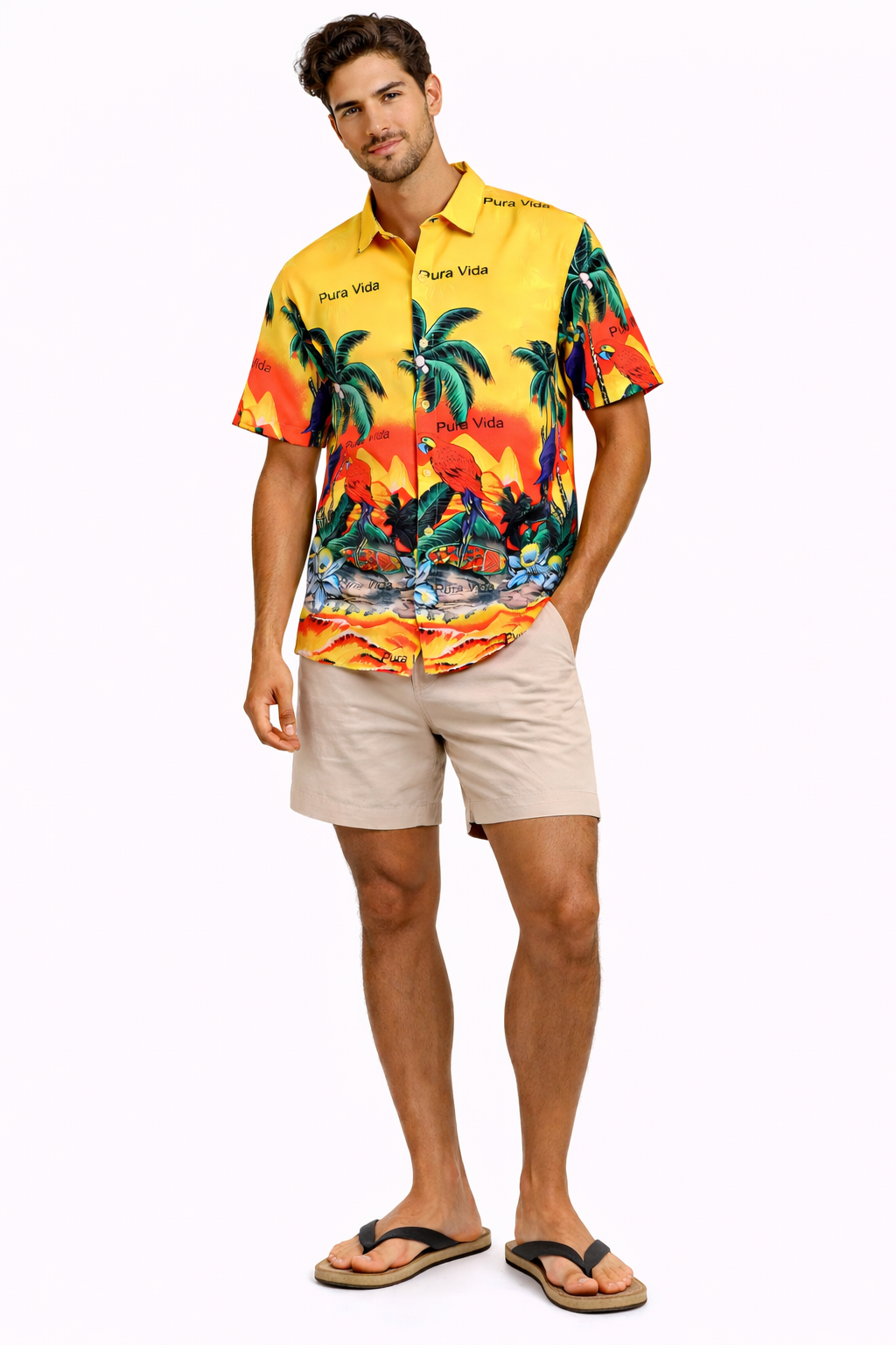 Camisa Hawaiana Playera Caribeña de Caballero Estampado Palmeras Fondo Amarillo Pura