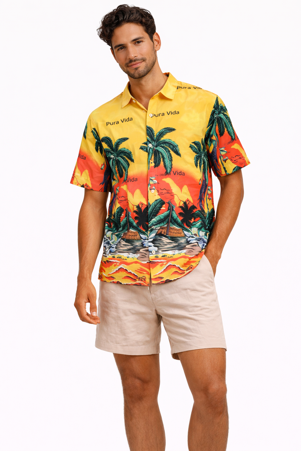 Camisa Hawaiana Playera Caribeña de Caballero Estampado Palmeras Fondo Amarillo Pura