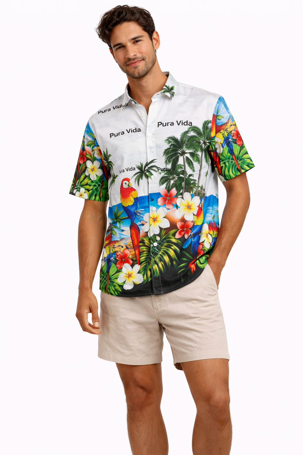 Camisa Hawaiana Playera Caribeña de Caballero Estampado Loros Lapas Pura Vida