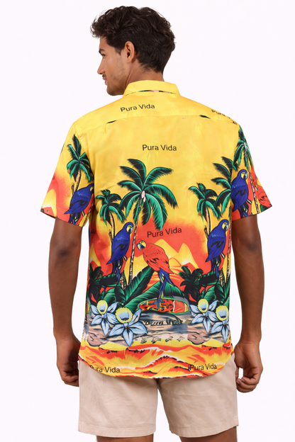 Camisa Hawaiana Playera Caribeña de Caballero Estampado Palmeras Fondo Amarillo Pura