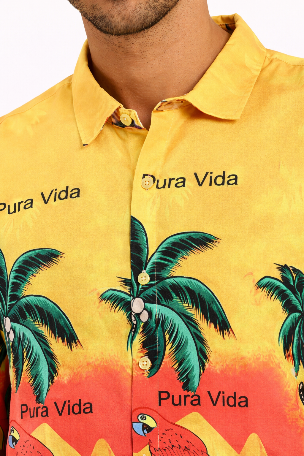 Camisa Hawaiana Playera Caribeña de Caballero Estampado Palmeras Fondo Amarillo Pura