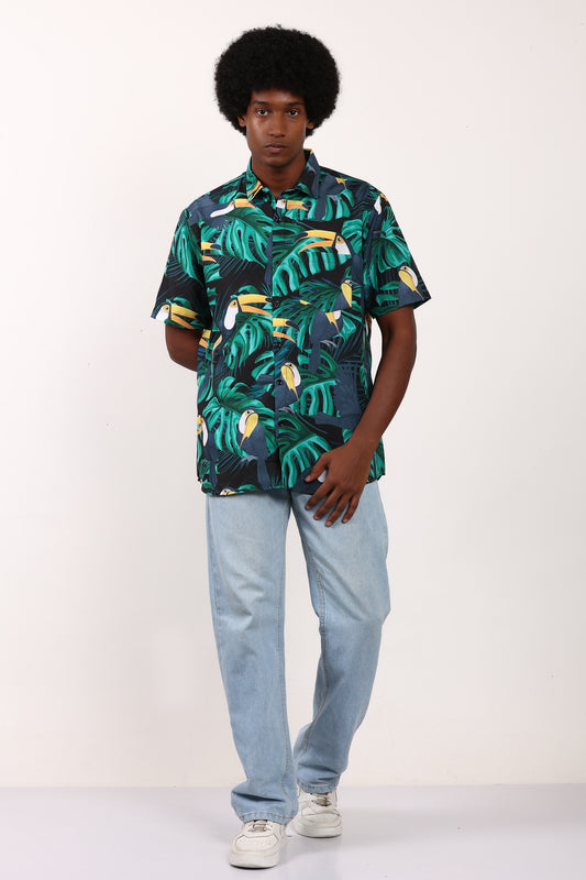 Camisa Hawaiana Playera Caribeña de Caballero Estampado Tucan Grande Selva Negra