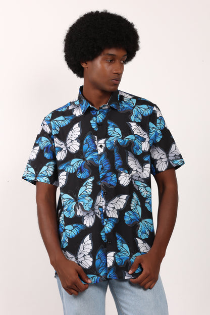 Men's Caribbean Beach Hawaiian Shirt with Butterfly Print