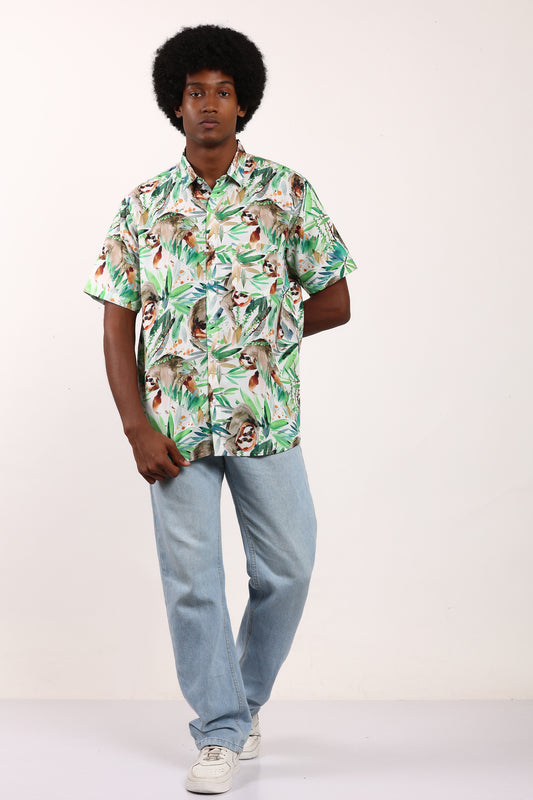 Camisa Hawaiana Playera Caribeña de Caballero Estampado Oso Selva Acuarela