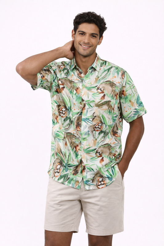 Camisa Hawaiana Playera Caribeña de Caballero Estampado Oso Selva Acuarela