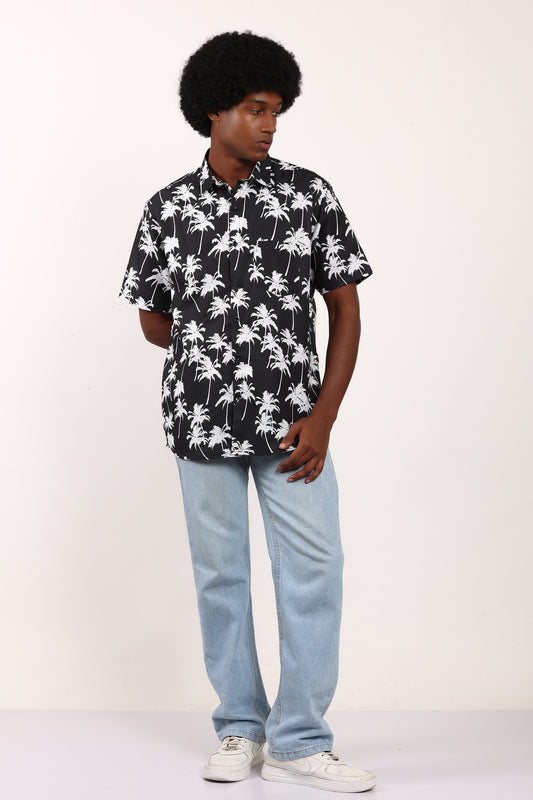 Camisa Hawaiana Playera Caribeña de Caballero Estampado Palmeras Fondo Negro