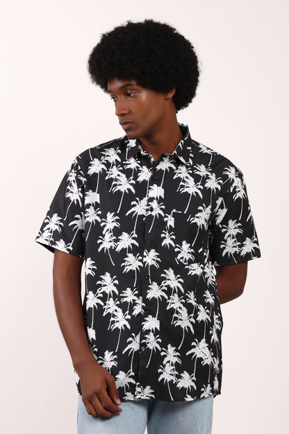 Men's Caribbean Beach Hawaiian Shirt with Palm Tree Print and Black Background