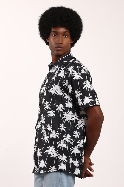 Men's Caribbean Beach Hawaiian Shirt with Palm Tree Print and Black Background