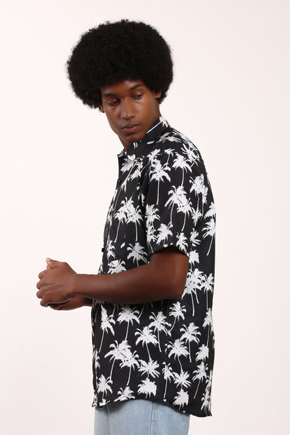 Men's Caribbean Beach Hawaiian Shirt with Palm Tree Print and Black Background
