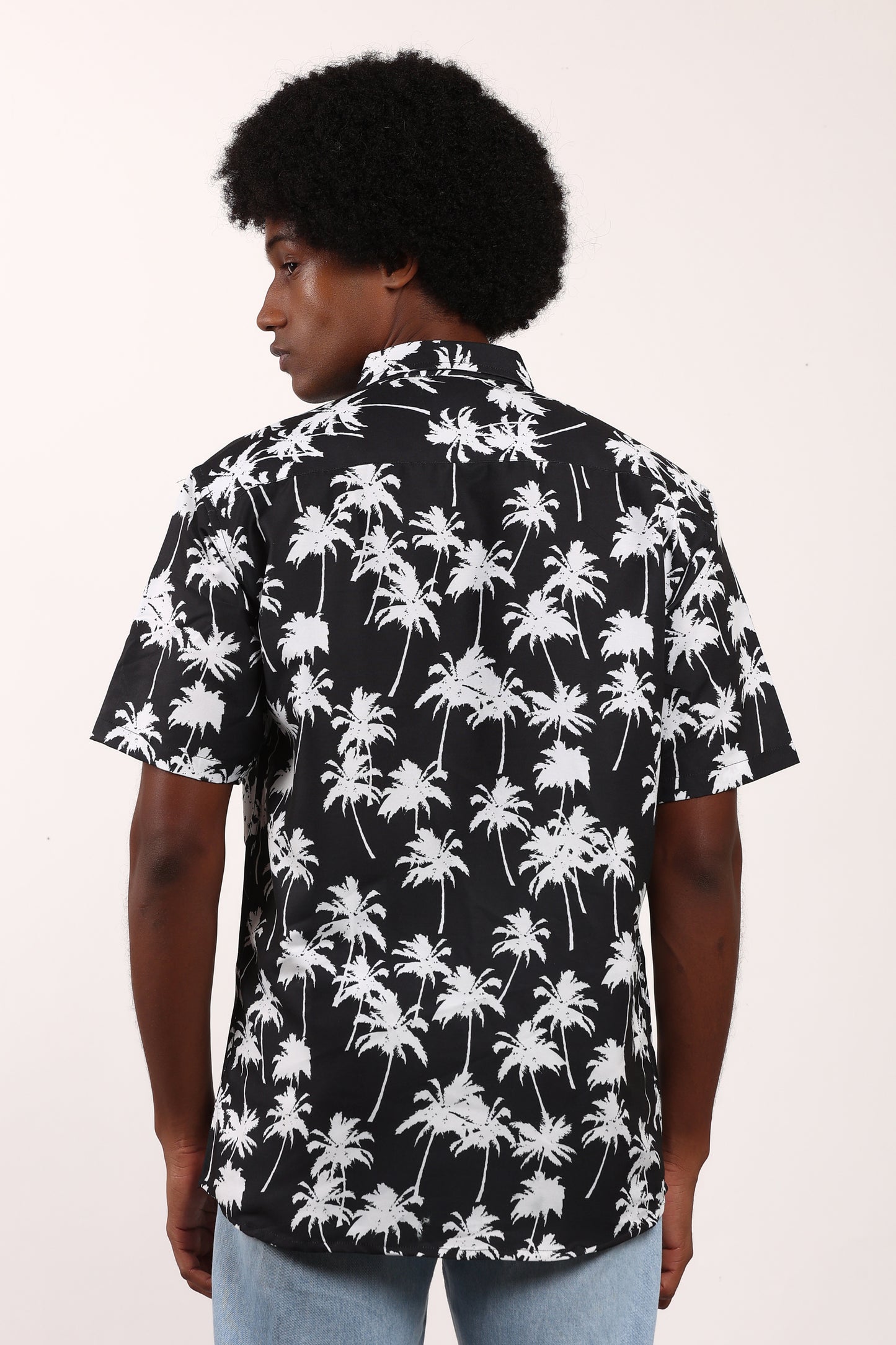 Men's Caribbean Beach Hawaiian Shirt with Palm Tree Print and Black Background