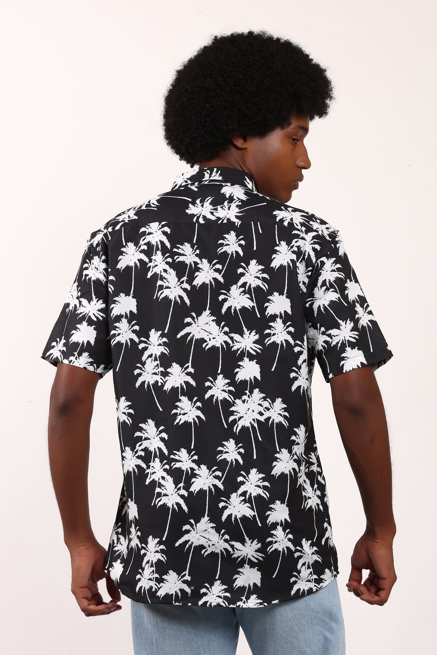 Men's Caribbean Beach Hawaiian Shirt with Palm Tree Print and Black Background