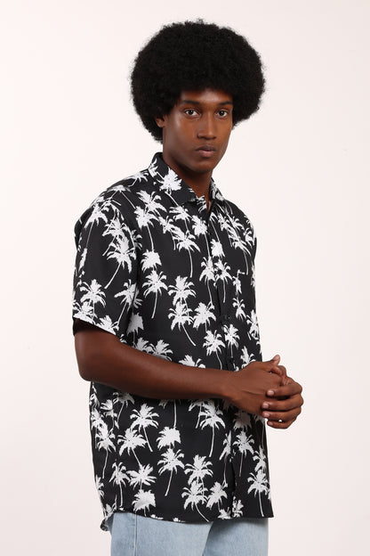 Men's Caribbean Beach Hawaiian Shirt with Palm Tree Print and Black Background