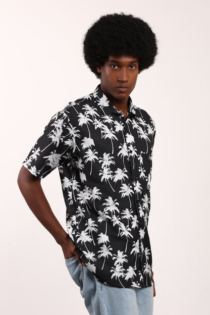 Men's Caribbean Beach Hawaiian Shirt with Palm Tree Print and Black Background