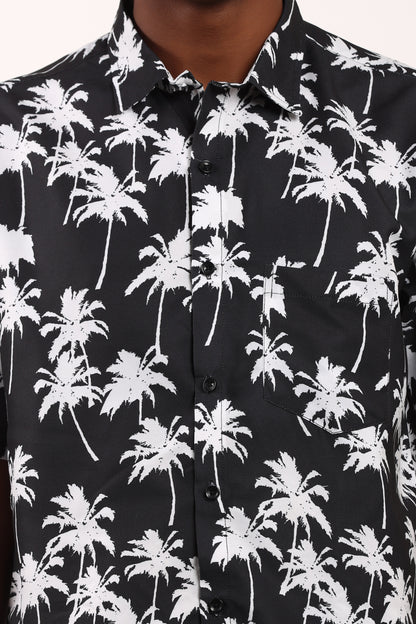 Men's Caribbean Beach Hawaiian Shirt with Palm Tree Print and Black Background