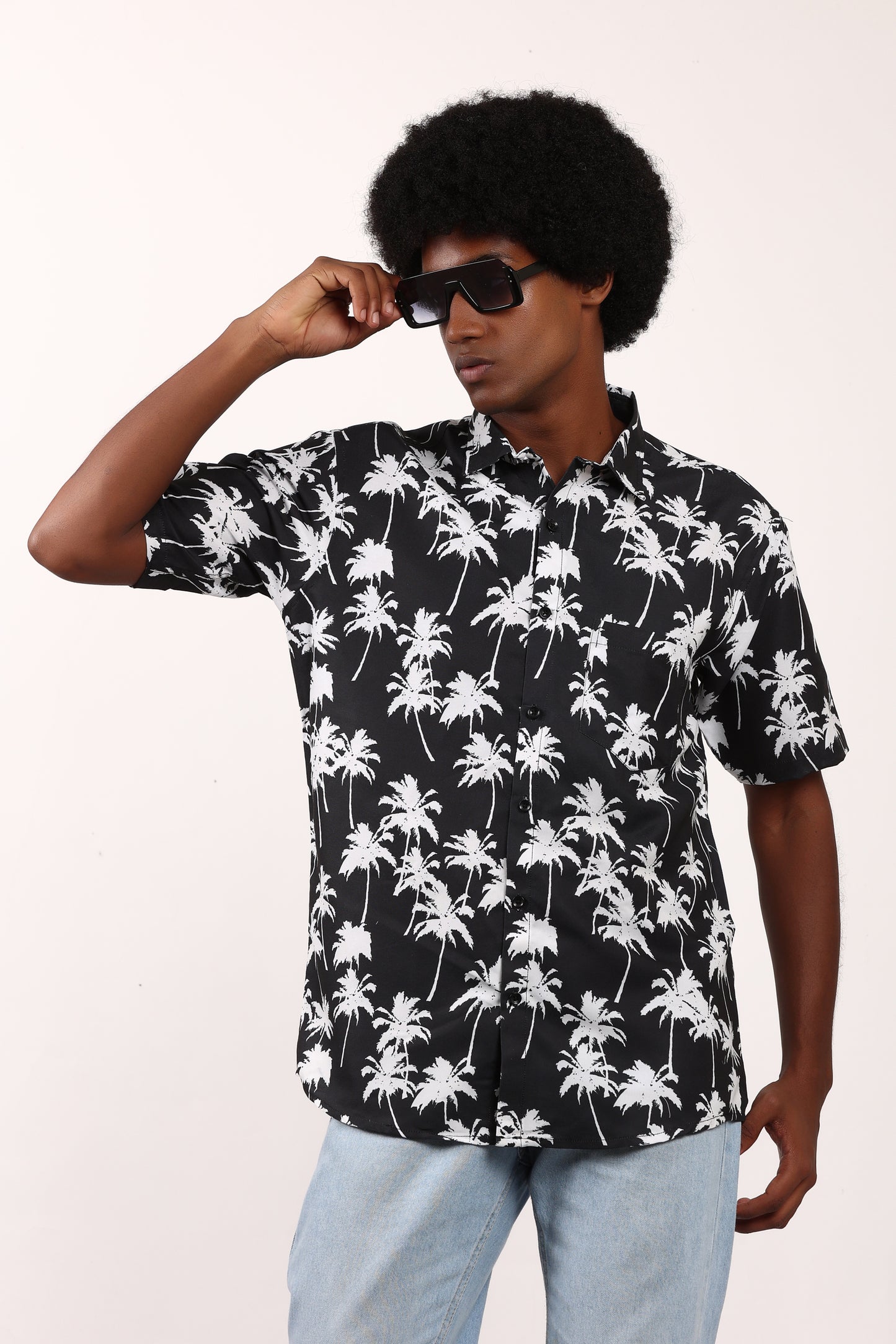 Men's Caribbean Beach Hawaiian Shirt with Palm Tree Print and Black Background