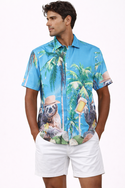 Men's Caribbean Beach Hawaiian Shirt Large Sloth with Beer Print