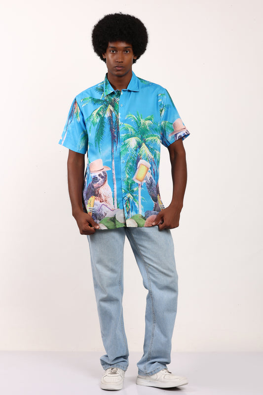 Camisa Hawaiana Playera Caribeña de Caballero Estampado Oso Perezoso Grande con Cerveza