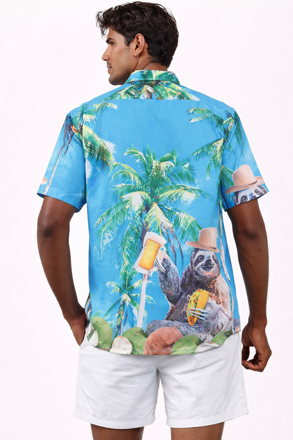 Men's Caribbean Beach Hawaiian Shirt Large Sloth with Beer Print