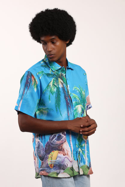 Camisa Hawaiana Playera Caribeña de Caballero Estampado Oso Perezoso Grande con Cerveza