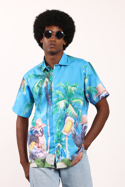 Camisa Hawaiana Playera Caribeña de Caballero Estampado Oso Perezoso Grande con Cerveza