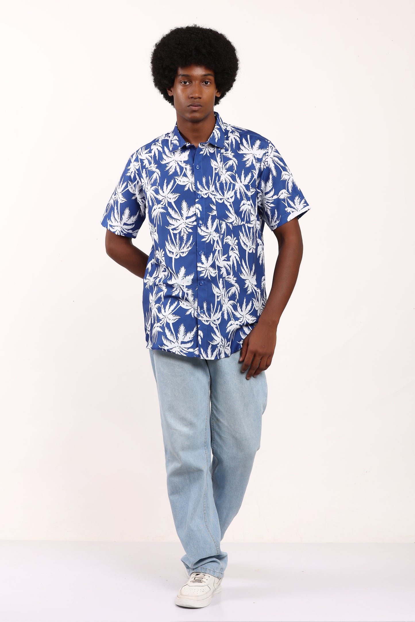 Men's Caribbean Beach Hawaiian Shirt Blue Palm Tree Print