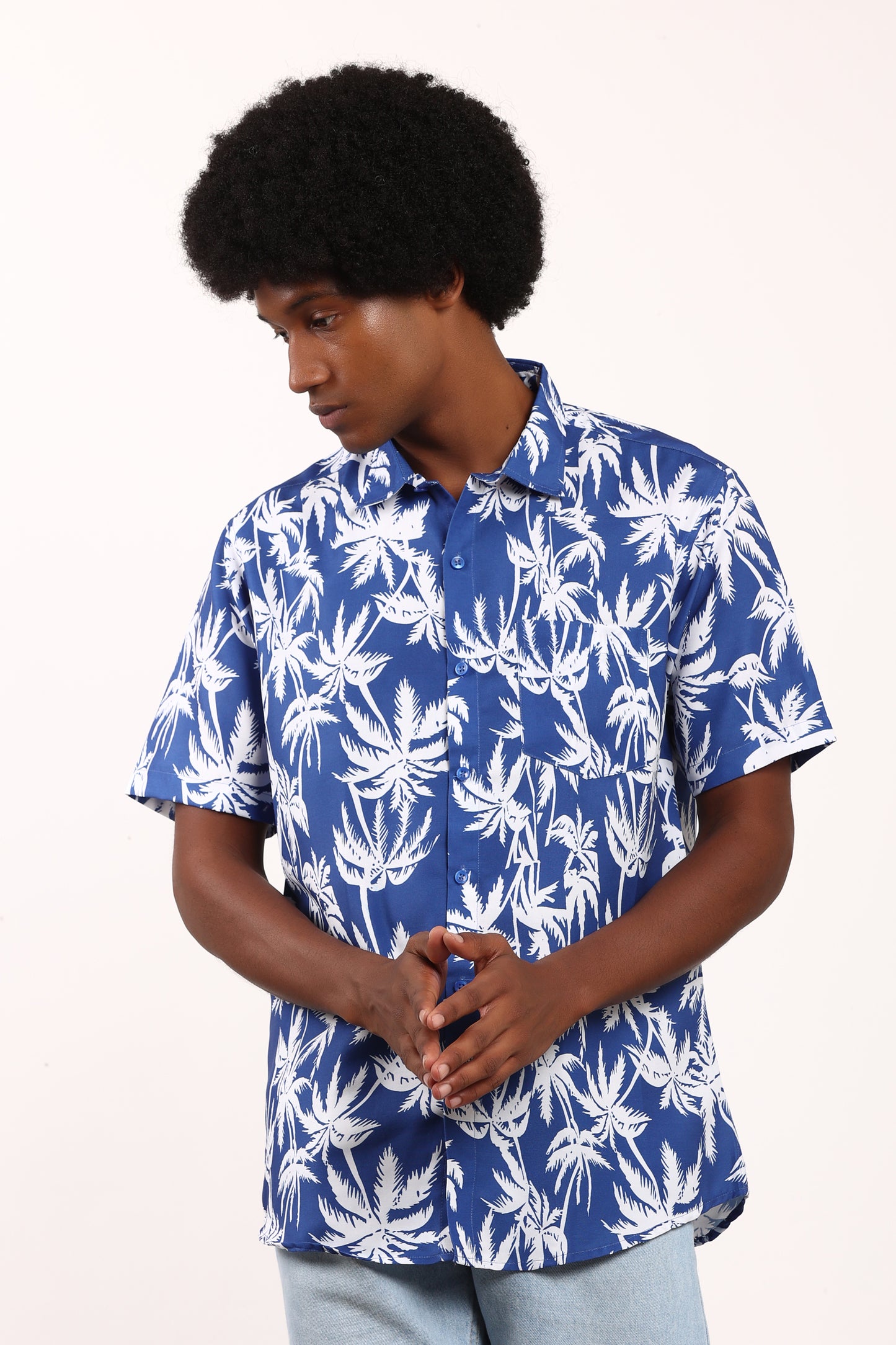 Men's Caribbean Beach Hawaiian Shirt Blue Palm Tree Print