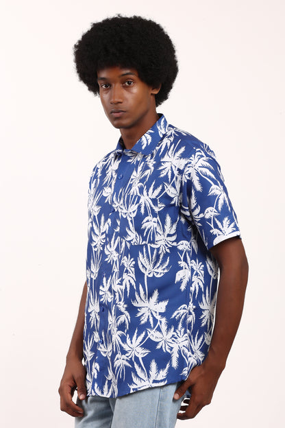 Men's Caribbean Beach Hawaiian Shirt Blue Palm Tree Print