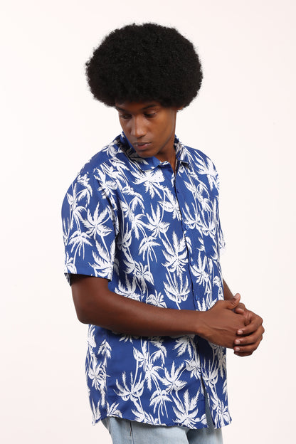 Men's Caribbean Beach Hawaiian Shirt Blue Palm Tree Print