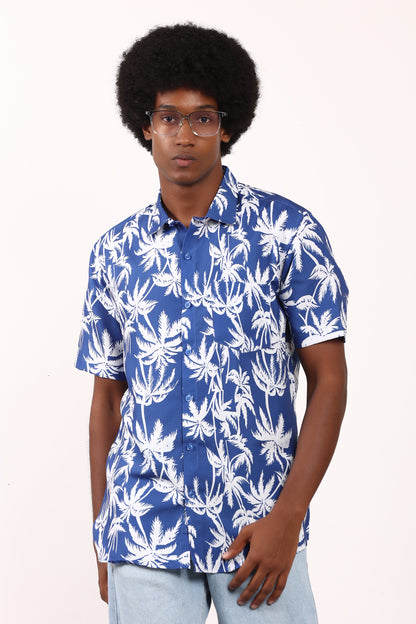 Men's Caribbean Beach Hawaiian Shirt Blue Palm Tree Print