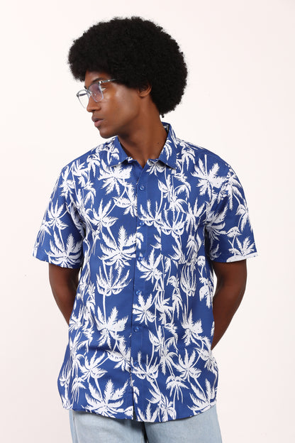 Men's Caribbean Beach Hawaiian Shirt Blue Palm Tree Print