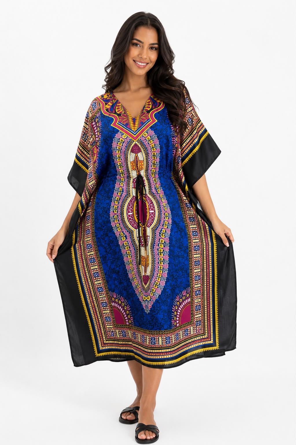 Kaftan Largo Estampado Afrocaribeño Azul con Negro