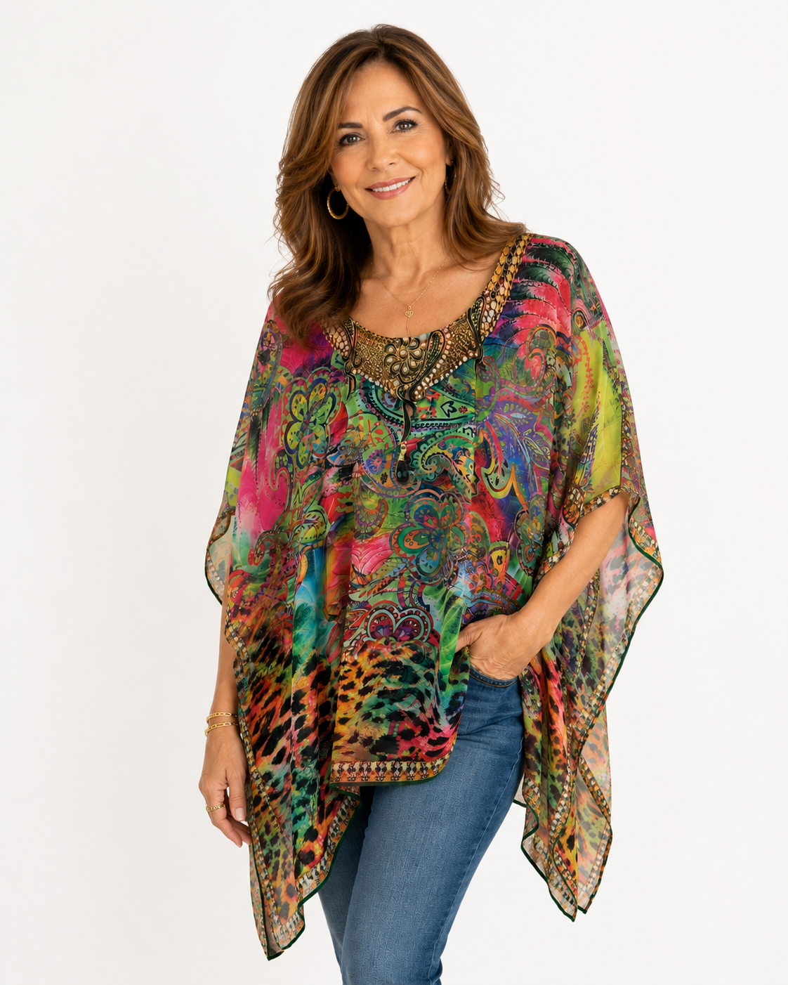 Women's Short Dress with Digital Print and Shiny Stones