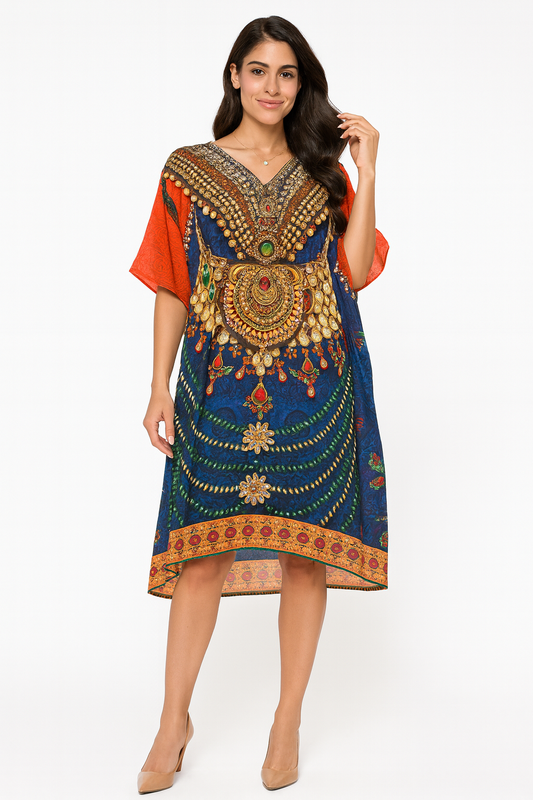 Vestido de Dama con Estampado Digital y Piedras Brillantes