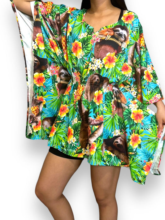 Vestido Hawaiano Corto de Dama Estampado Oso Perezoso