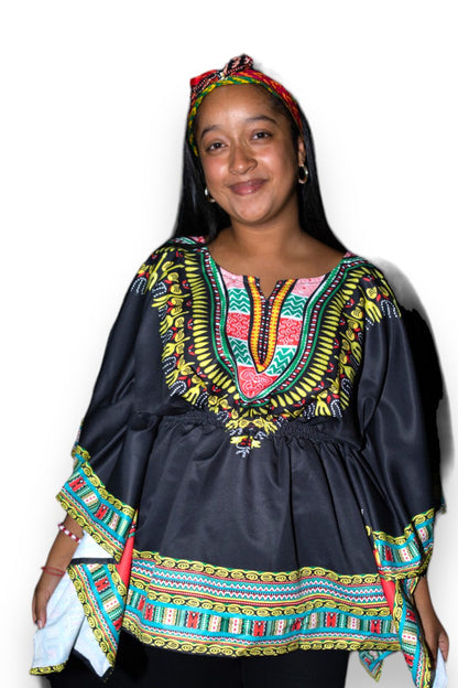 Top Blusa de Dama con Estampado Afrocaribeño Negro