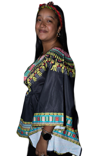 Top Blusa de Dama con Estampado Afrocaribeño Negro