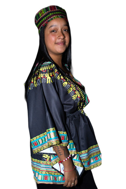 Top Blusa de Dama con Estampado Afrocaribeño Negro