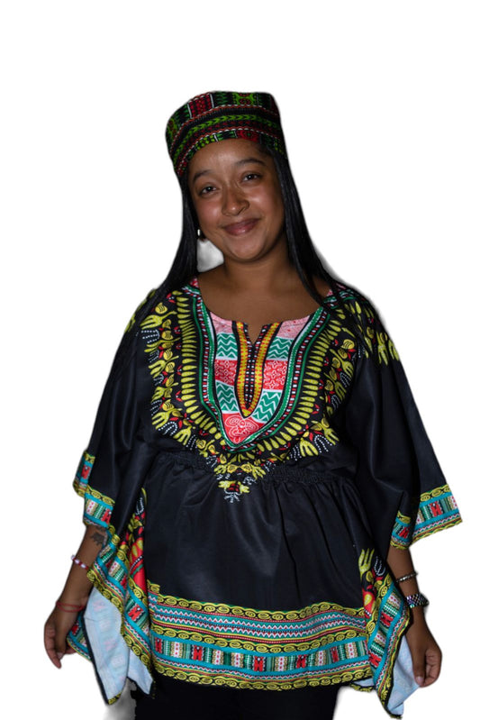 Top Blusa de Dama con Estampado Afrocaribeño Negro