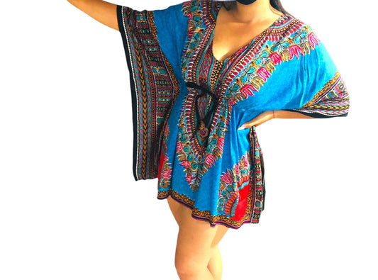 Vestido Corto de Dama con Estampado Azul afrocaribeños