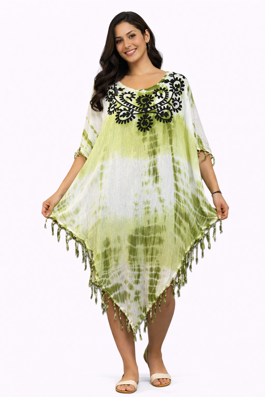 Vestido de Dama Estampado Verde con Flecos