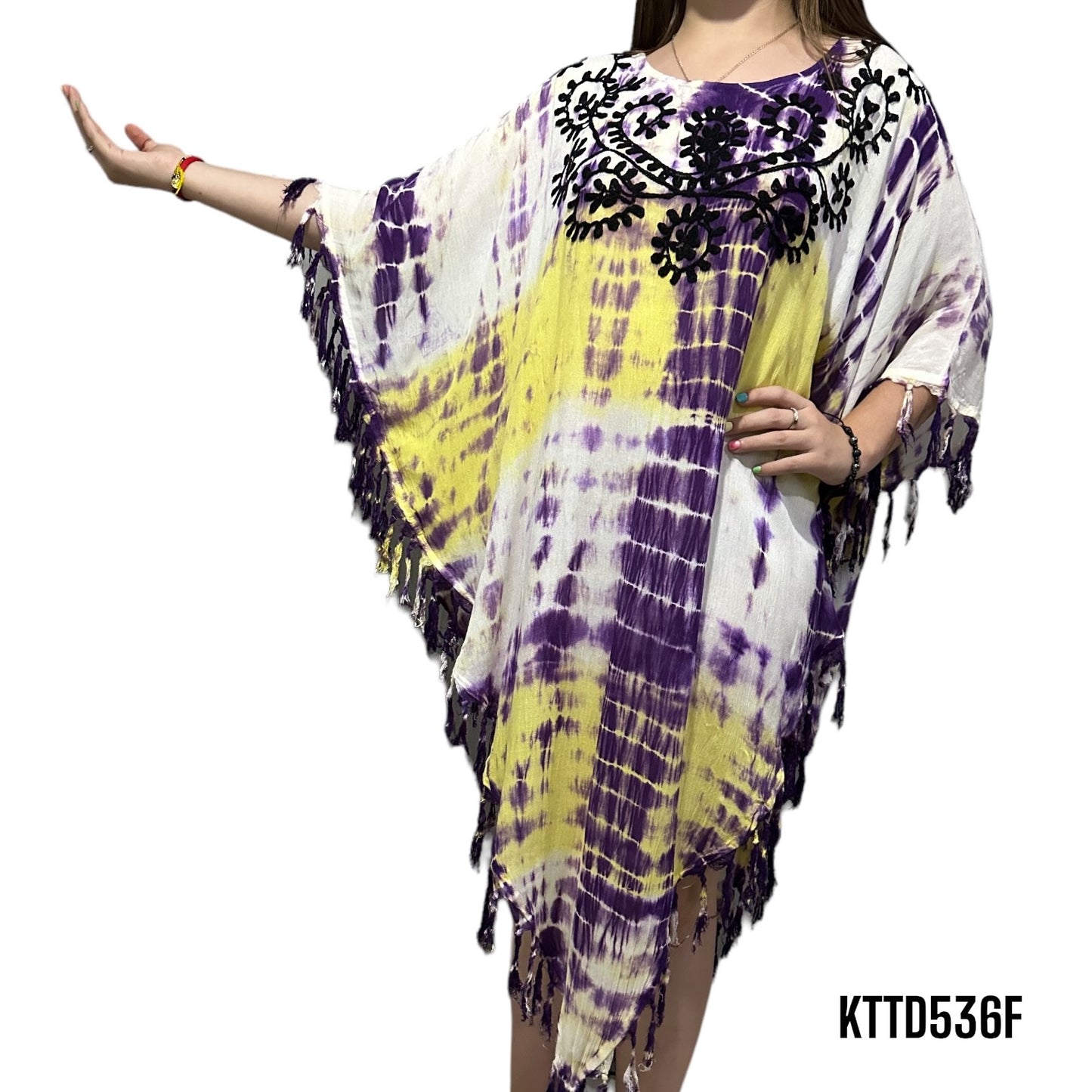 Vestido de Dama Estampado Lila y Amarillo con Flecos