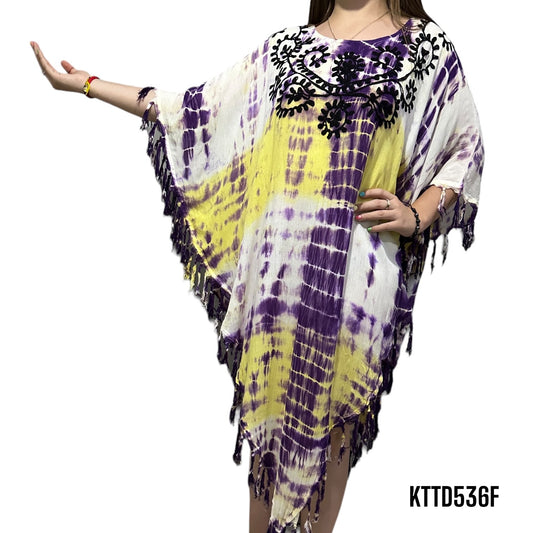 Vestido de Dama Estampado Lila y Amarillo con Flecos