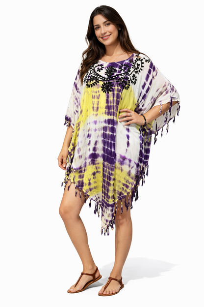 Vestido de Dama Estampado Lila y Amarillo con Flecos