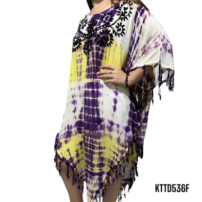 Vestido de Dama Estampado Lila y Amarillo con Flecos